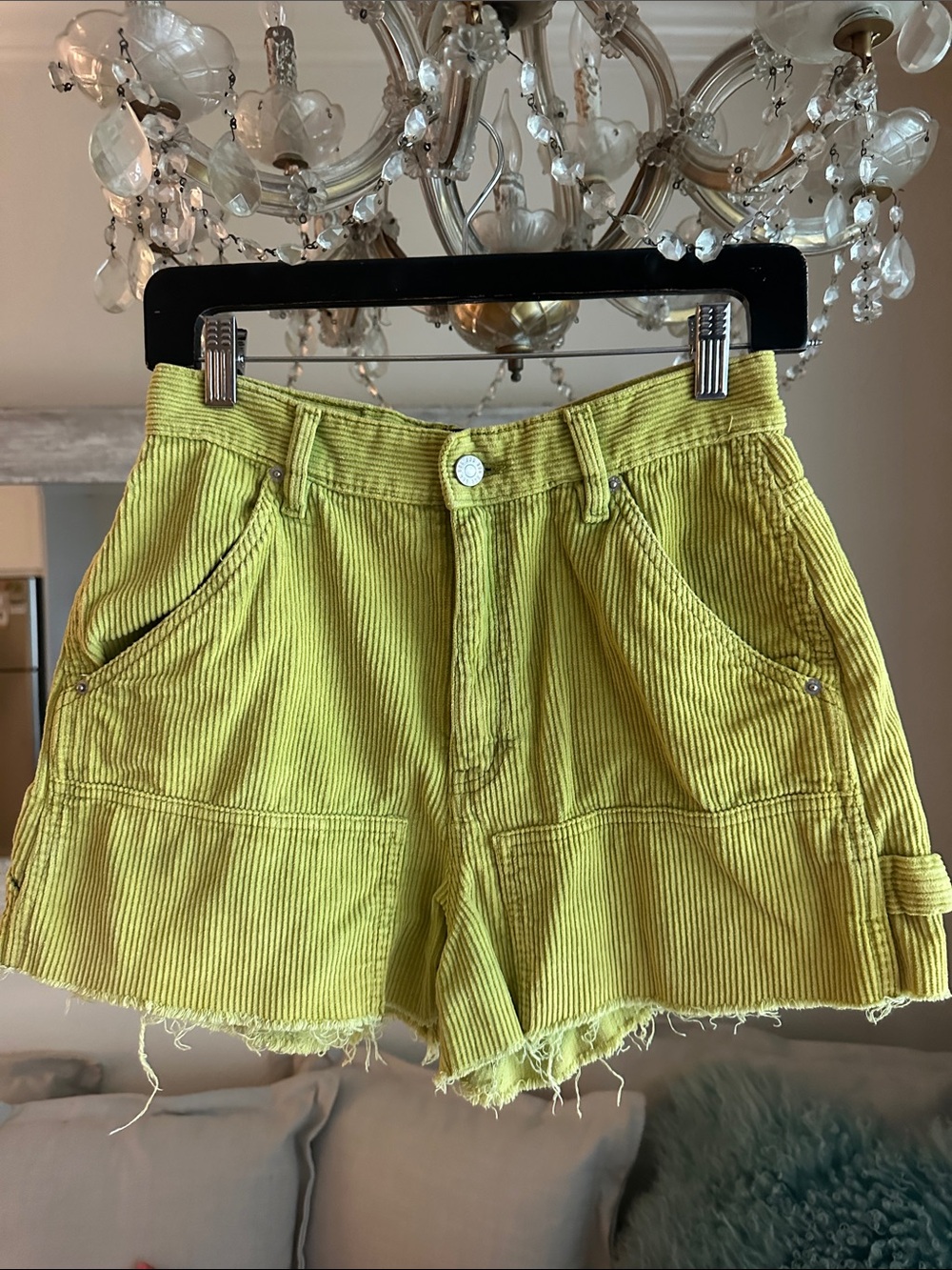 BDG High-Rise Carpenter Lime Green Corduroy Shorts with Frayed Hem